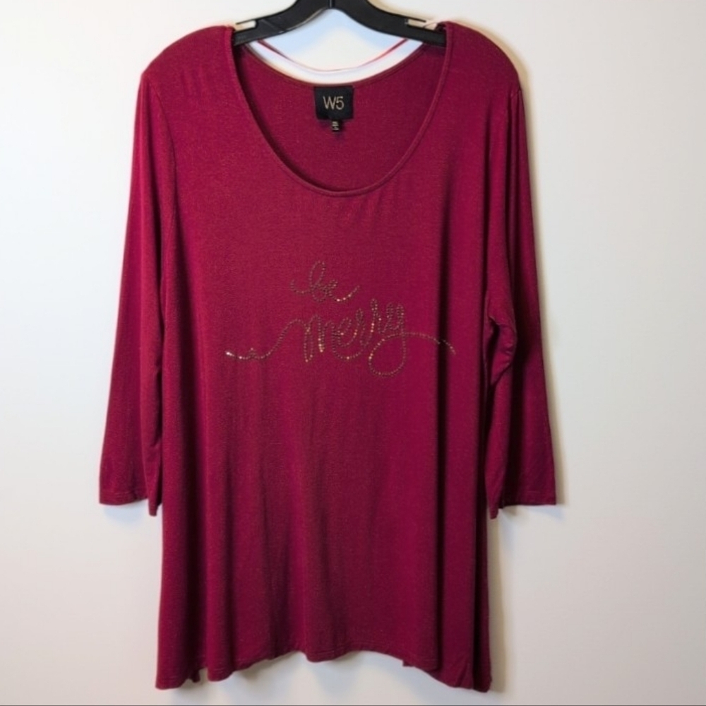 W5 by Anthropologie Festive Be Merry Studded Long Sleeve Tunic Burgundy 2 XL